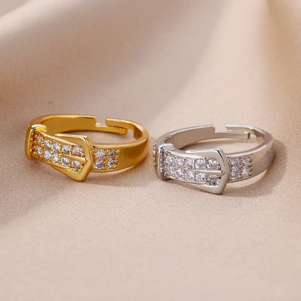 Stainless Steel Belt Rings for Women Zircon Adjustable Belt Finger Ring Femme Geometric Wedding Aesthetic Jewerly Gift Anillos