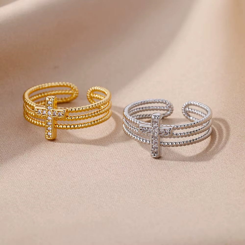 New in Zircon Cross Rings for Women Adjustable Stainless Steel Cross Ring Femme Design Luxury Wedding Jewerly Gift 2026 Anillos