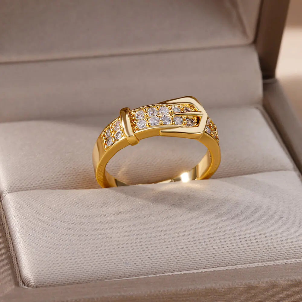 Stainless Steel Belt Rings for Women Zircon Adjustable Belt Finger Ring Femme Geometric Wedding Aesthetic Jewerly Gift Anillos