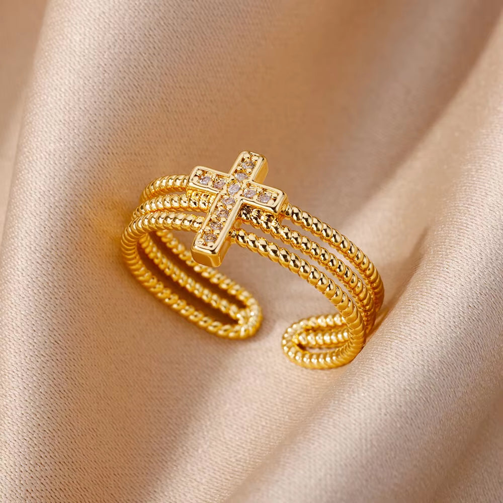 New in Zircon Cross Rings for Women Adjustable Stainless Steel Cross Ring Femme Design Luxury Wedding Jewerly Gift 2026 Anillos