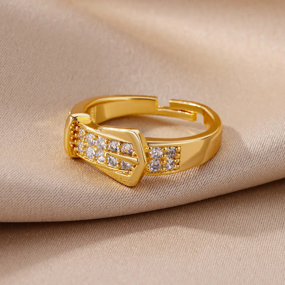 Stainless Steel Belt Rings for Women Zircon Adjustable Belt Finger Ring Femme Geometric Wedding Aesthetic Jewerly Gift Anillos