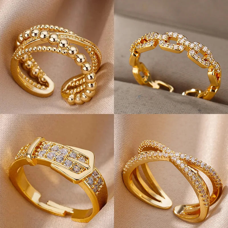 Stainless Steel Belt Rings for Women Zircon Adjustable Belt Finger Ring Femme Geometric Wedding Aesthetic Jewerly Gift Anillos