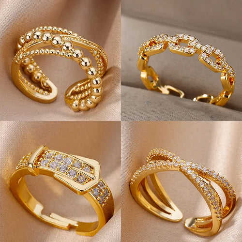 Stainless Steel Belt Rings for Women Zircon Adjustable Belt Finger Ring Femme Geometric Wedding Aesthetic Jewerly Gift Anillos