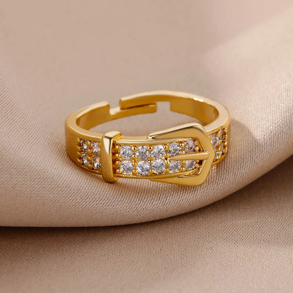 Stainless Steel Belt Rings for Women Zircon Adjustable Belt Finger Ring Femme Geometric Wedding Aesthetic Jewerly Gift Anillos