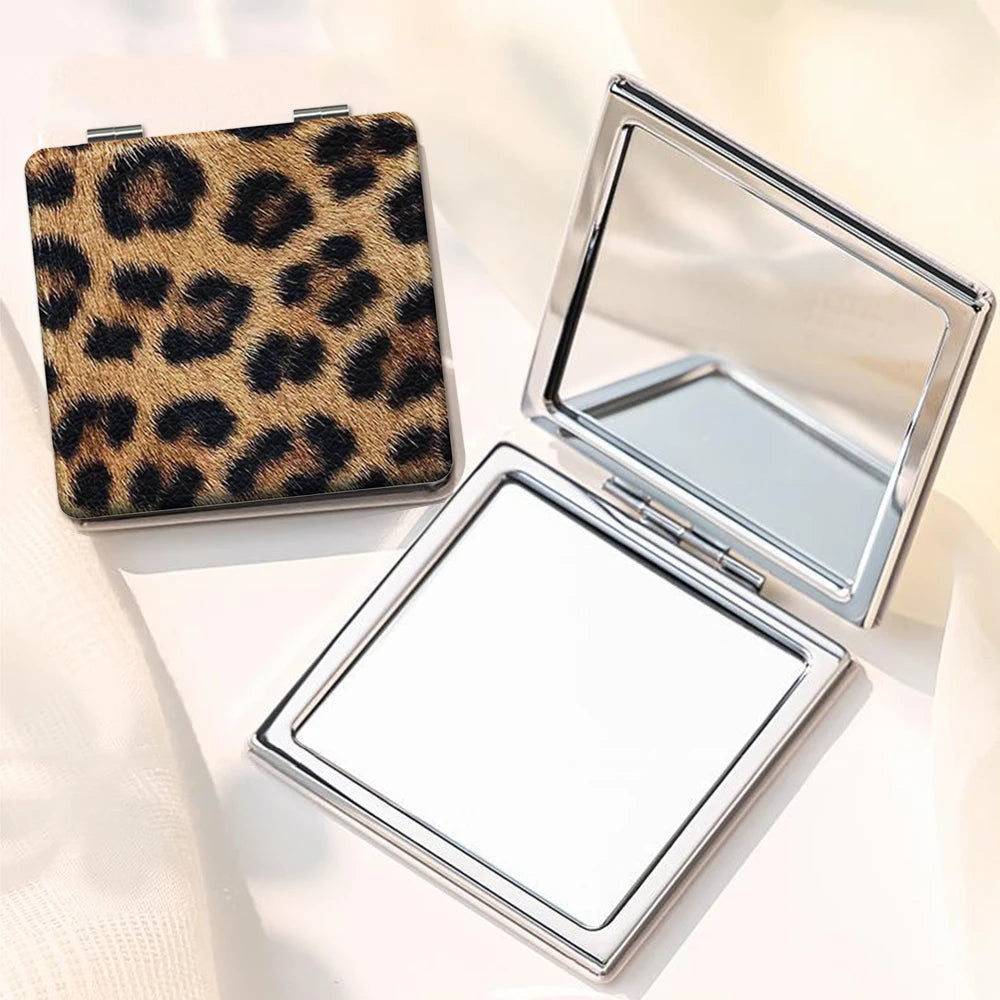 Mini Portable Makeup Mirror Fashion Leopard Print Folding Mirror Pocket Handheld Small Mirror Travel Portable Mirror Makeup Tool