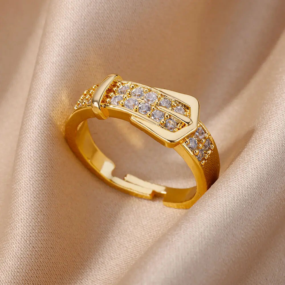 Stainless Steel Belt Rings for Women Zircon Adjustable Belt Finger Ring Femme Geometric Wedding Aesthetic Jewerly Gift Anillos